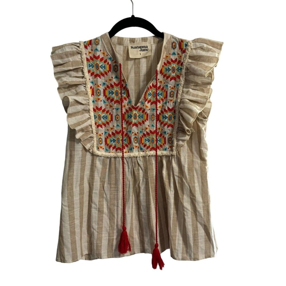 Savanna Jane Embroidered Aztec Ruffle Sleeve Top‎ Beige Cream Striped Size S